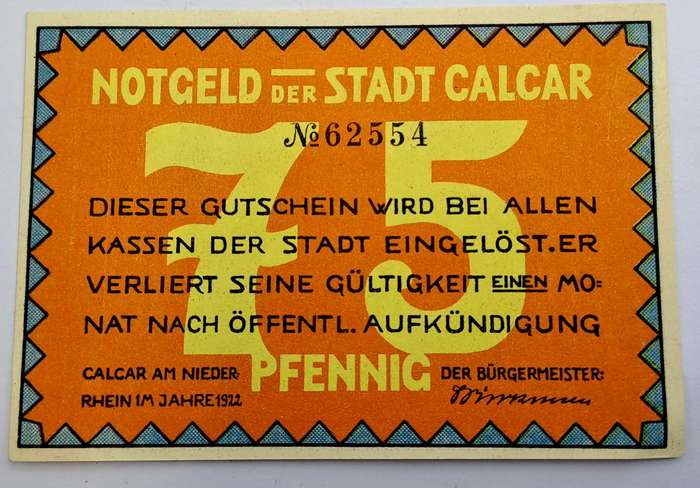 1922 German notgeld 75 Pfennigs City of Kalkar
