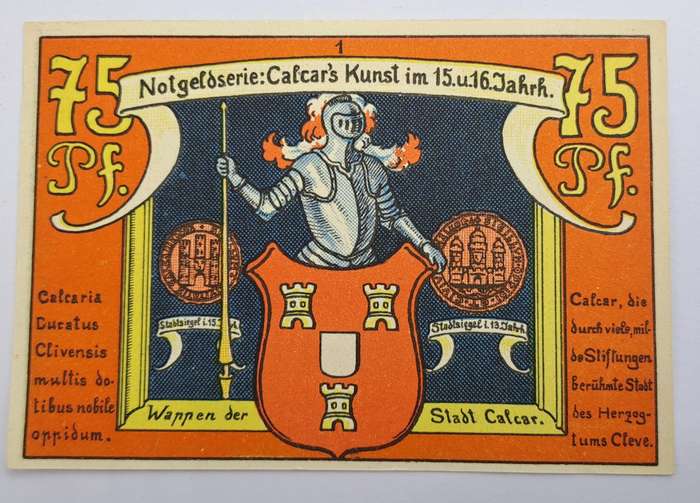 1922 German notgeld 75 Pfennigs City of Kalkar