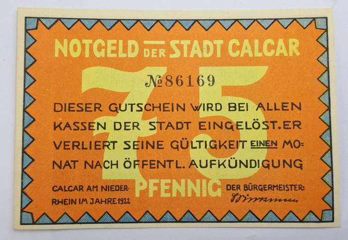1922 German notgeld 75 Pfennigs City of Kalkar