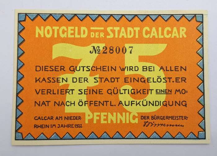1922 German notgeld 75 Pfennigs City of Kalkar