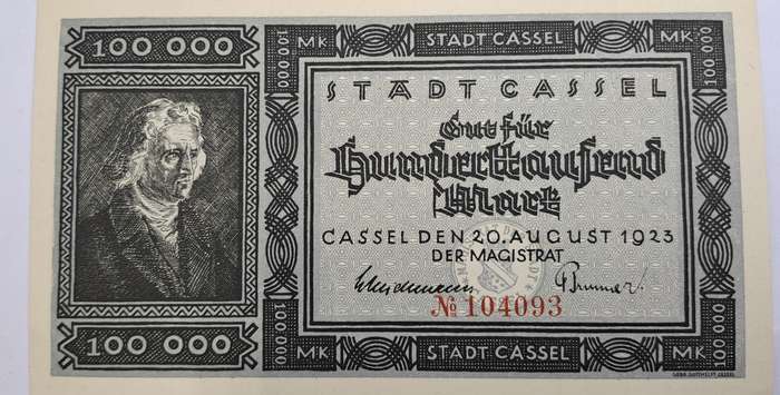 1923 German notgeld 100 000 Mark City of Kassel (Prussian province of Hesse-Nassau)