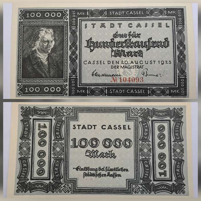 1923 German notgeld 100 000 Mark City of Kassel (Prussian province of Hesse-Nassau)
