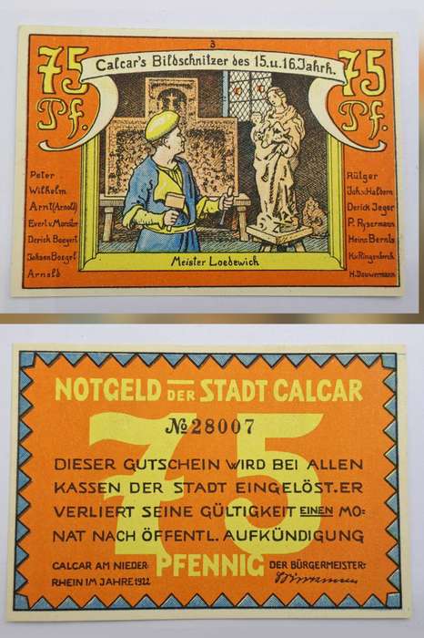 1922 German notgeld 75 Pfennigs City of Kalkar