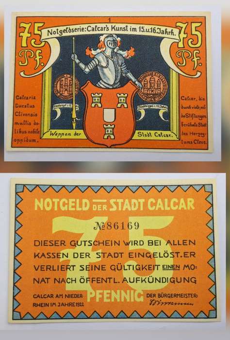 1922 German notgeld 75 Pfennigs City of Kalkar