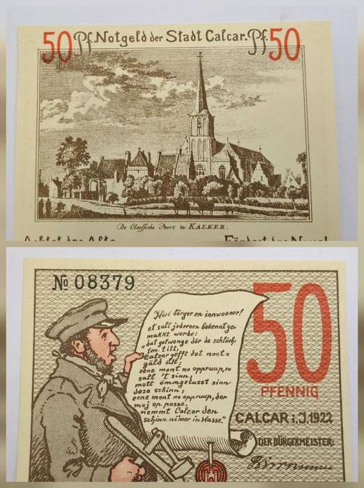1922 German notgeld 50 Pfennigs City of Kalkar