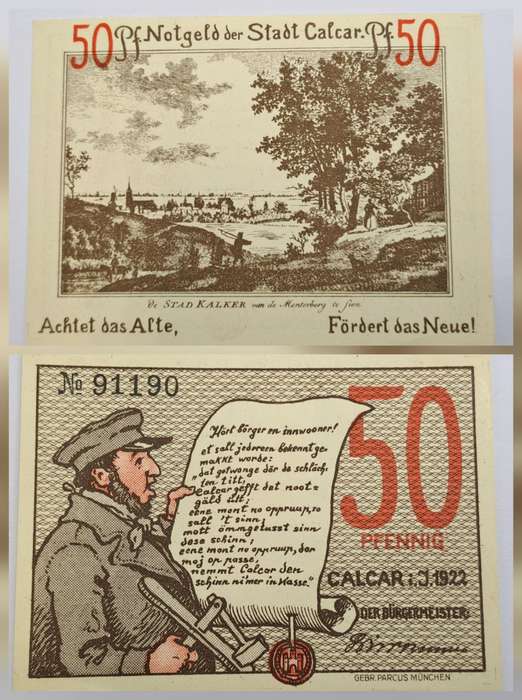 1922 German notgeld 50 Pfennigs City of Kalkar