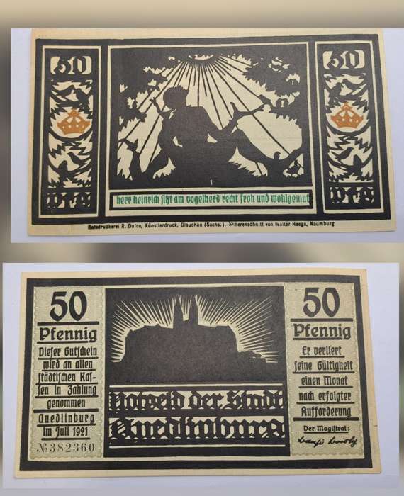 1921 German notgeld 50 Pfennigs City of Quedlinburg (Prussian province of Saxony
