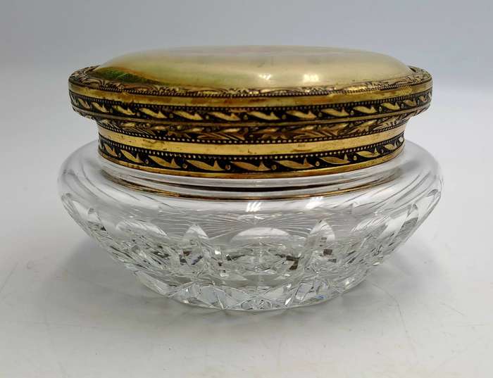 Antique Circa 1920s 1930s Art Deco Glass Trinket Jar with Brass Lid Embroidered Flower- England