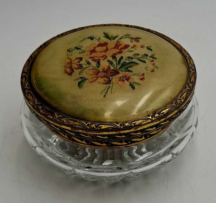 Antique Circa 1920s 1930s Art Deco Glass Trinket Jar with Brass Lid Embroidered Flower- England