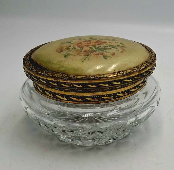 Antique Circa 1920s 1930s Art Deco Glass Trinket Jar with Brass Lid Embroidered Flower- England