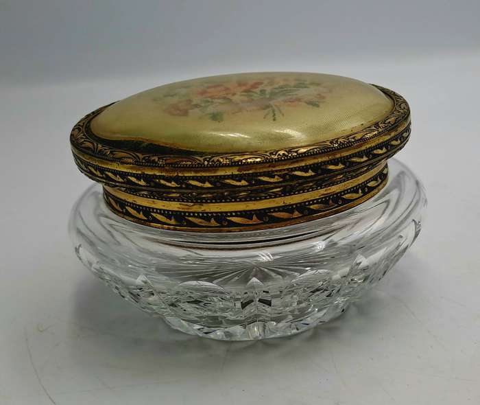 Antique Circa 1920s 1930s Art Deco Glass Trinket Jar with Brass Lid Embroidered Flower- England
