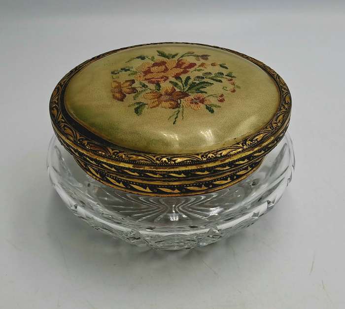Antique Circa 1920s 1930s Art Deco Glass Trinket Jar with Brass Lid Embroidered Flower- England