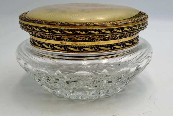 Antique Circa 1920s 1930s Art Deco Glass Trinket Jar with Brass Lid Embroidered Flower- England