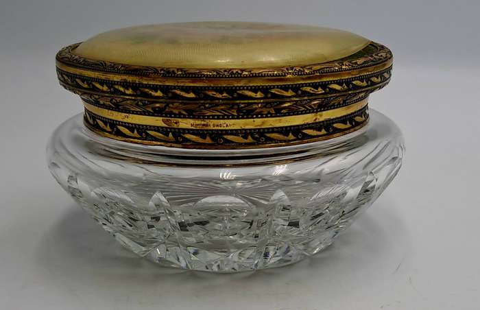 Antique Circa 1920s 1930s Art Deco Glass Trinket Jar with Brass Lid Embroidered Flower- England