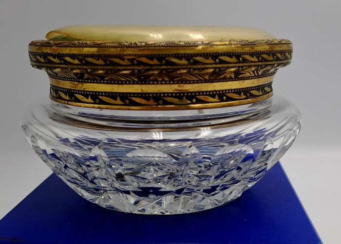 Antique Circa 1920s 1930s Art Deco Glass Trinket Jar with Brass Lid Embroidered Flower- England