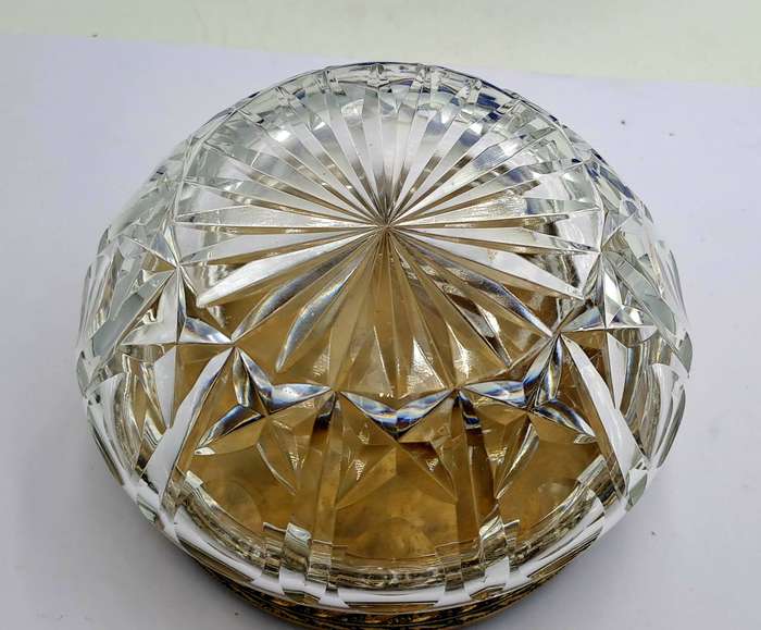 Antique Circa 1920s 1930s Art Deco Glass Trinket Jar with Brass Lid Embroidered Flower- England