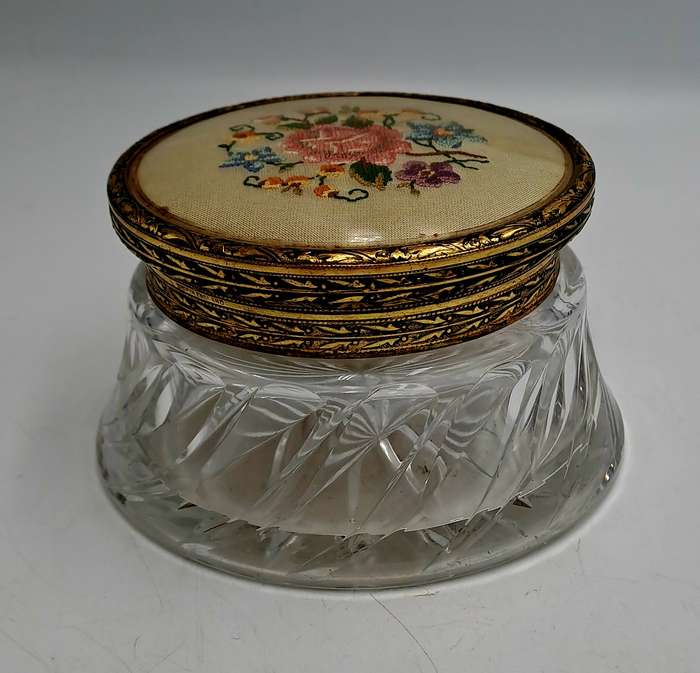 Antique Circa 1920s 1930s Art Deco Glass Trinket Jar with Brass Lid Embroidered Flower- England