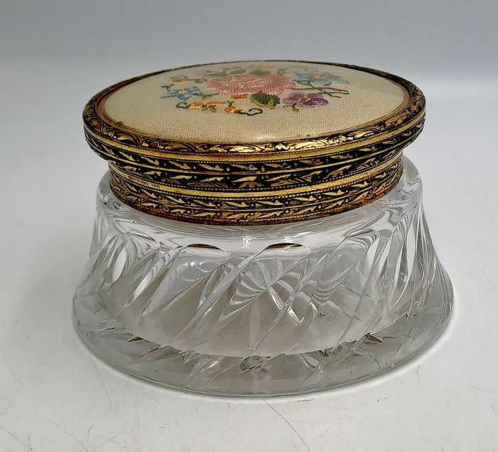 Antique Circa 1920s 1930s Art Deco Glass Trinket Jar with Brass Lid Embroidered Flower- England