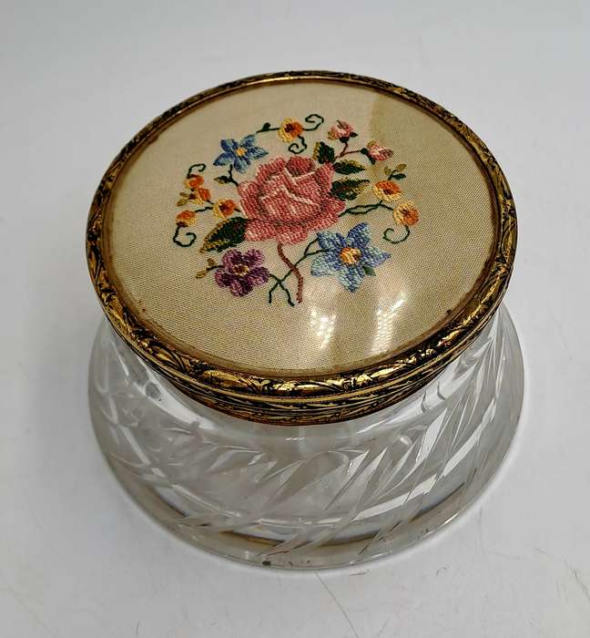 Antique Circa 1920s 1930s Art Deco Glass Trinket Jar with Brass Lid Embroidered Flower- England