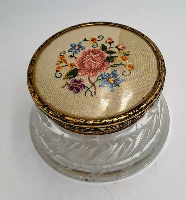 Antique Circa 1920s 1930s Art Deco Glass Trinket Jar with Brass Lid Embroidered Flower- England