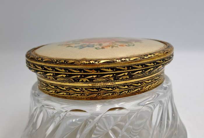 Antique Circa 1920s 1930s Art Deco Glass Trinket Jar with Brass Lid Embroidered Flower- England