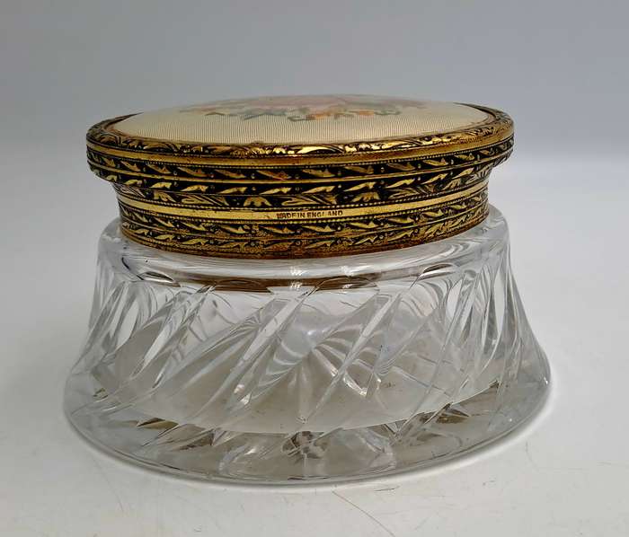Antique Circa 1920s 1930s Art Deco Glass Trinket Jar with Brass Lid Embroidered Flower- England