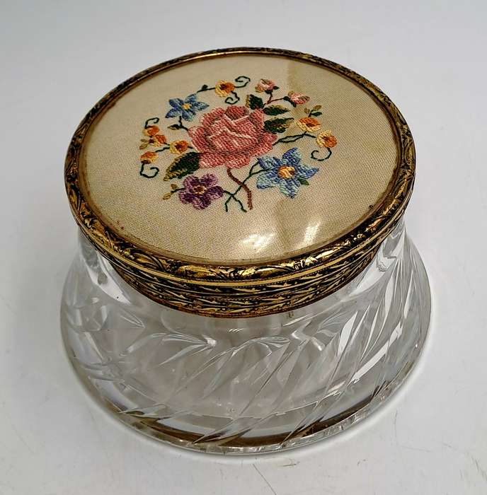 Antique Circa 1920s 1930s Art Deco Glass Trinket Jar with Brass Lid Embroidered Flower- England
