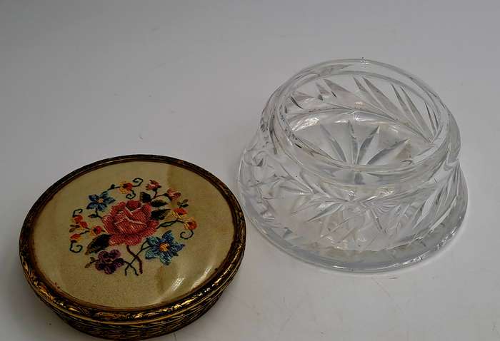 Antique Circa 1920s 1930s Art Deco Glass Trinket Jar with Brass Lid Embroidered Flower- England