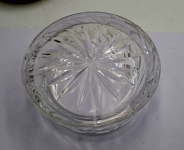 Antique Circa 1920s 1930s Art Deco Glass Trinket Jar with Brass Lid Embroidered Flower- England