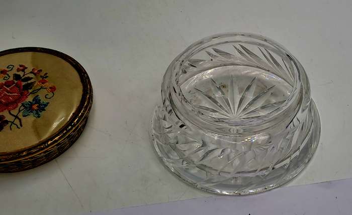 Antique Circa 1920s 1930s Art Deco Glass Trinket Jar with Brass Lid Embroidered Flower- England