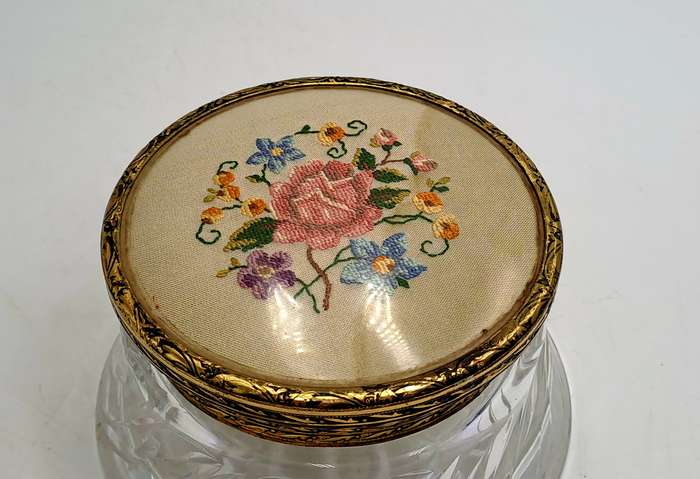 Antique Circa 1920s 1930s Art Deco Glass Trinket Jar with Brass Lid Embroidered Flower- England