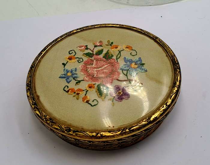 Antique Circa 1920s 1930s Art Deco Glass Trinket Jar with Brass Lid Embroidered Flower- England