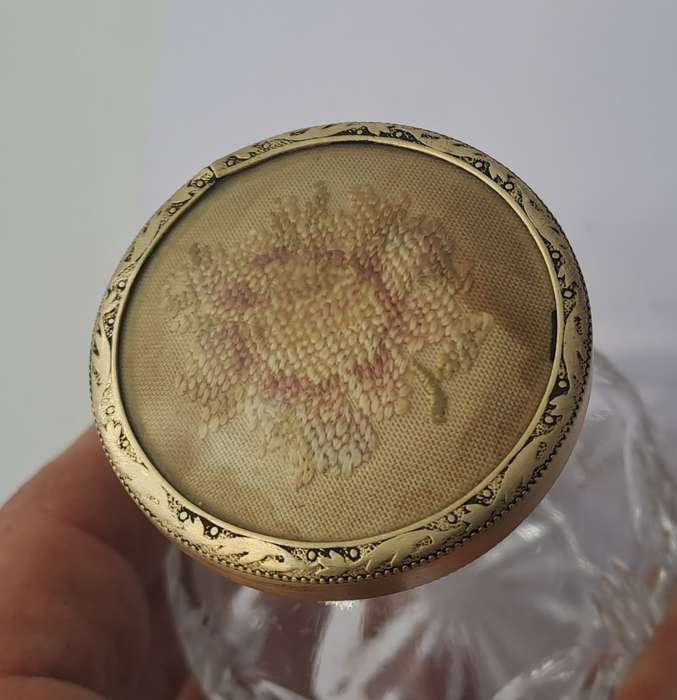Antique Art Deco Cut Glass Trinket Bottol with Brass Lid Embroidered Flower- England