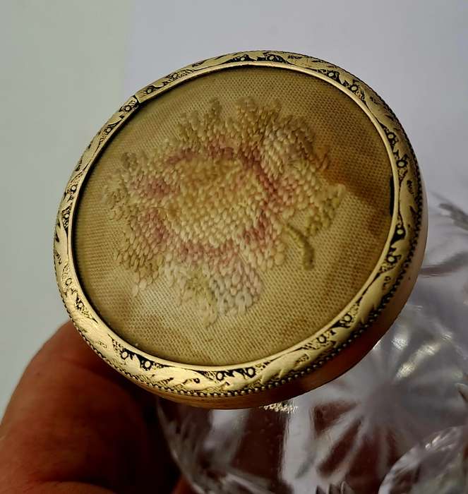 Antique Art Deco Cut Glass Trinket Bottol with Brass Lid Embroidered Flower- England