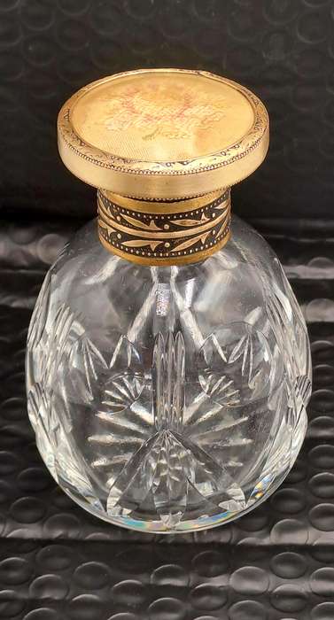Antique Art Deco Cut Glass Trinket Bottol with Brass Lid Embroidered Flower- England
