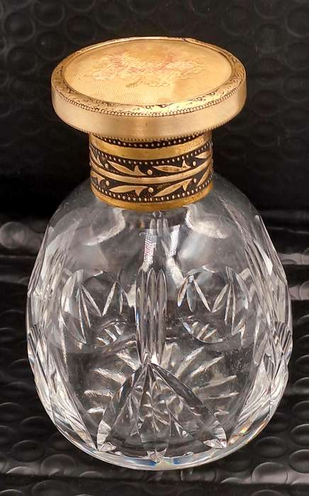 Antique Art Deco Cut Glass Trinket Bottol with Brass Lid Embroidered Flower- England