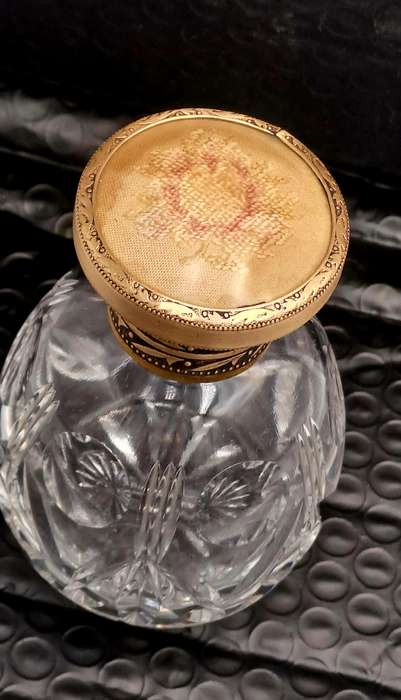 Antique Art Deco Cut Glass Trinket Bottol with Brass Lid Embroidered Flower- England