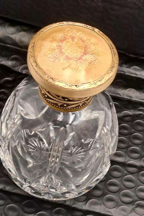 Antique Art Deco Cut Glass Trinket Bottol with Brass Lid Embroidered Flower- England