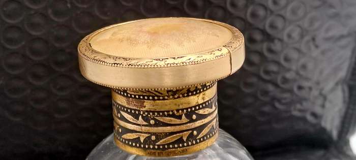 Antique Art Deco Cut Glass Trinket Bottol with Brass Lid Embroidered Flower- England