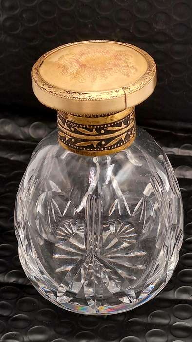 Antique Art Deco Cut Glass Trinket Bottol with Brass Lid Embroidered Flower- England