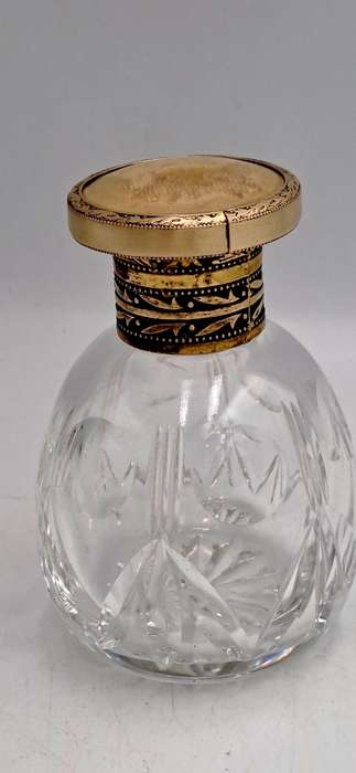 Antique Art Deco Cut Glass Trinket Bottol with Brass Lid Embroidered Flower- England