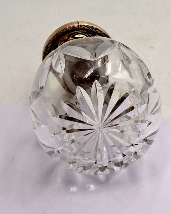 Antique Art Deco Cut Glass Trinket Bottol with Brass Lid Embroidered Flower- England