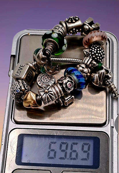 Pandora Charm Bracelet with 18 Charms .925 Silver,6 with Gold- 1x 2,88g 14kt Gold Heart -boxed