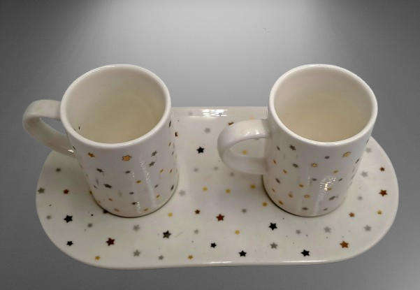 2 Zara Home -Hecho en China Porcelain Merry Christmas Cups on Tray