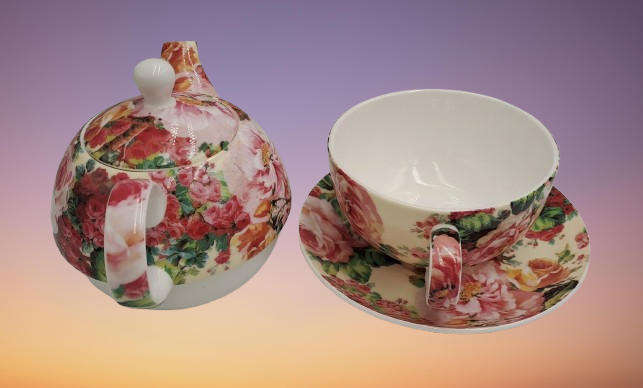 Rambling Rose fine China teapot and plate for one by Maxwell & Williams