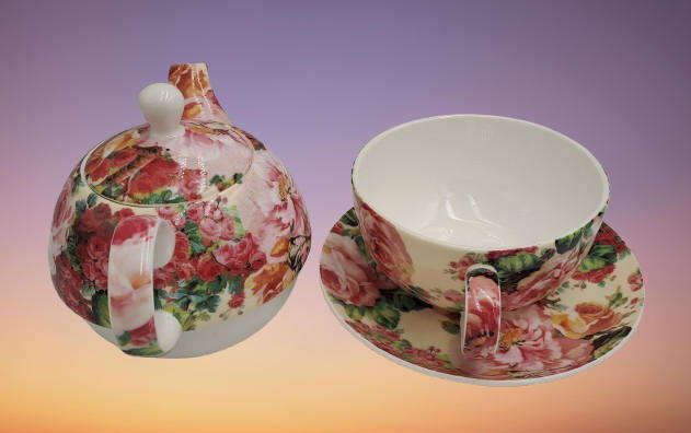 Rambling Rose fine China teapot and plate for one by Maxwell & Williams