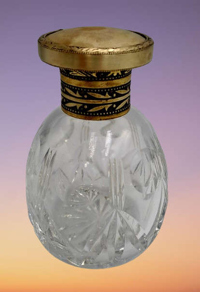 Antique Art Deco Cut Glass Trinket Bottol with Brass Lid Embroidered Flower- England