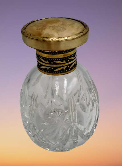 Antique Art Deco Cut Glass Trinket Bottol with Brass Lid Embroidered Flower- England