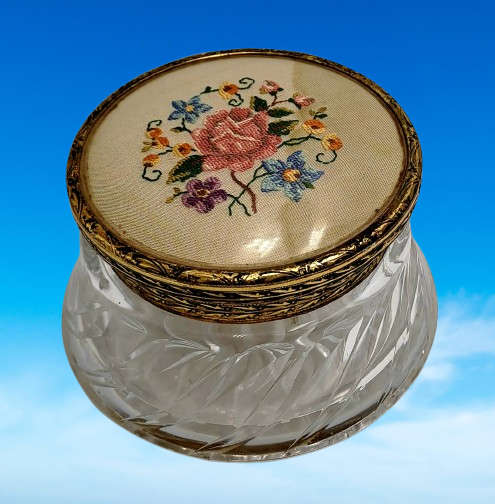 Antique Circa 1920s 1930s Art Deco Glass Trinket Jar with Brass Lid Embroidered Flower- England