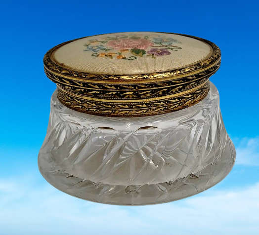 Antique Circa 1920s 1930s Art Deco Glass Trinket Jar with Brass Lid Embroidered Flower- England